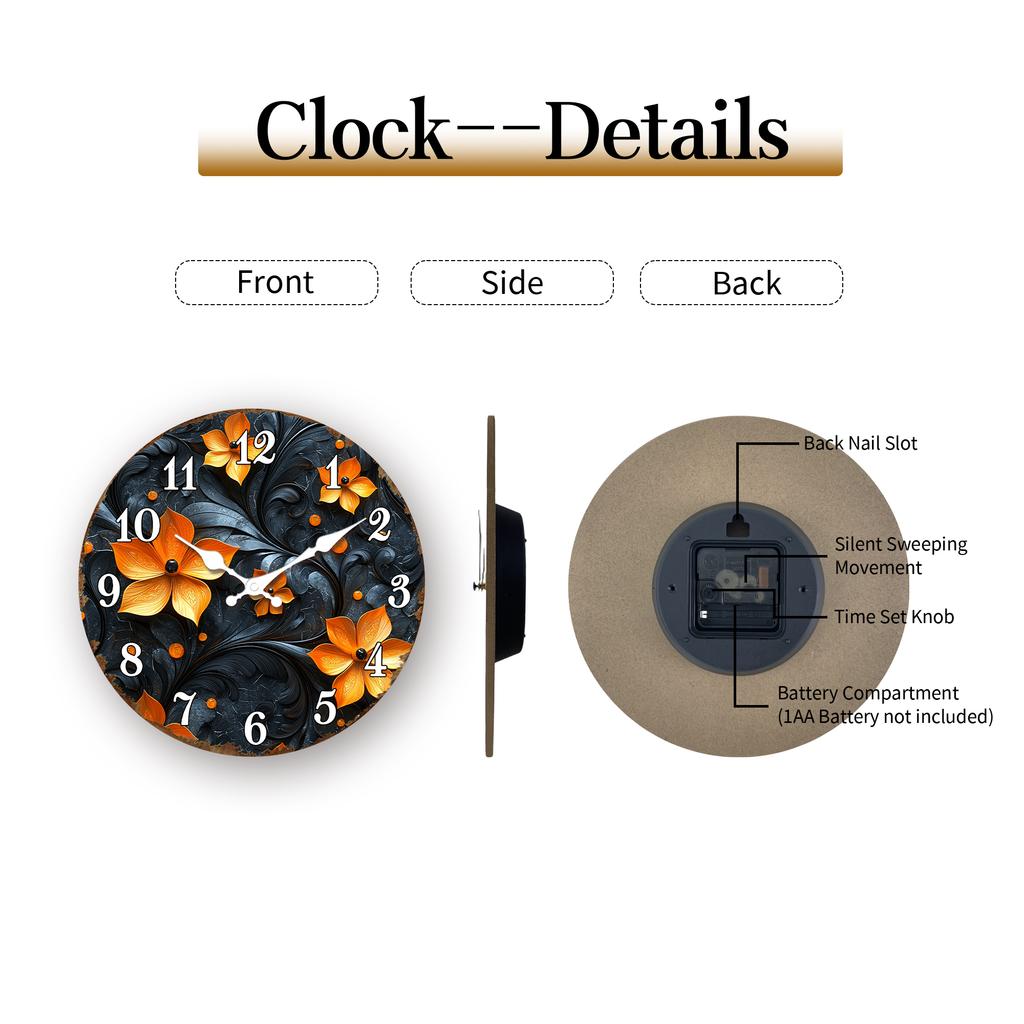 Vibrant Orange Flowers on Black Round Wall Clock, Floral Decorative Timepiece for Modern Interiors
