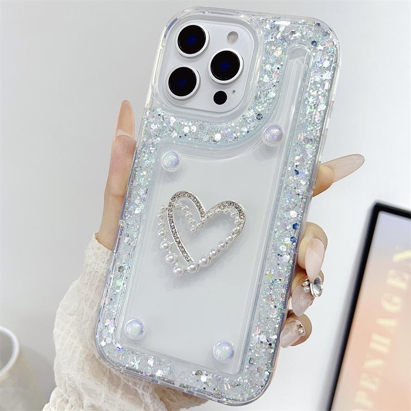 Heart-Shaped Glitter Rhinestone Transparent iPhone 16 Case, Compatible with Models 11-15