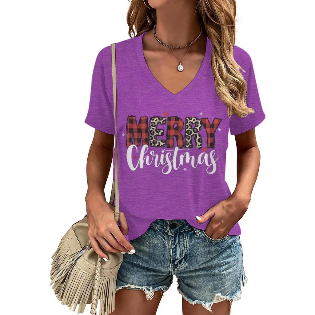 Merry Christmas Leopard Plaid Print Women Tshirts Xmas Holidays Short Sleeve Vneck Tee Christmas Letter Classic Style Tshirts