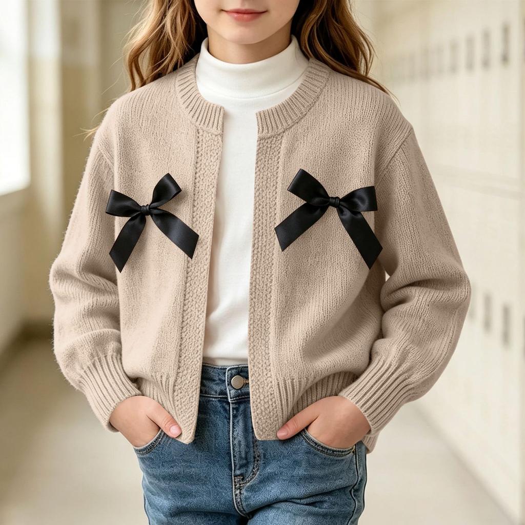 Girls' Casual Knit Cardigan with Double Ribbon Bows
