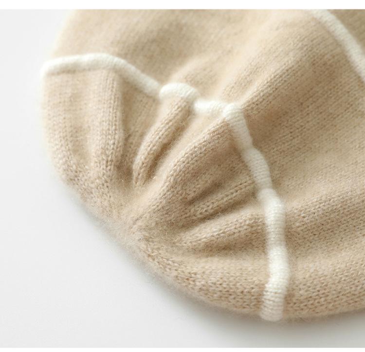 Women's 100% Pure Cashmere Color Block Rolled Edge Knitted Fashion Hat