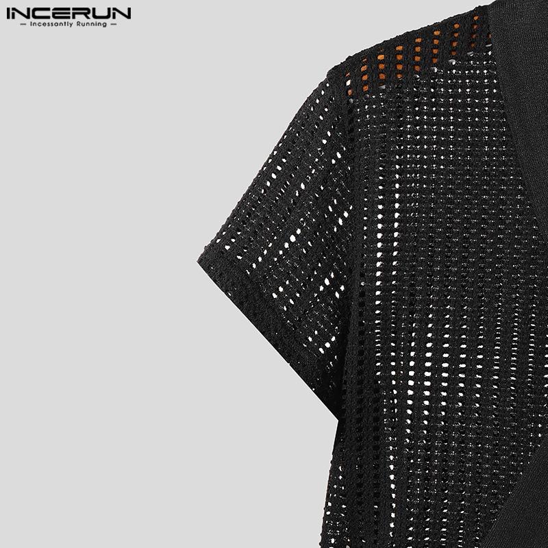 INCERUN Men V Neck Short Sleeve Hollow Out Front Cross Bandage Beach T-shirts