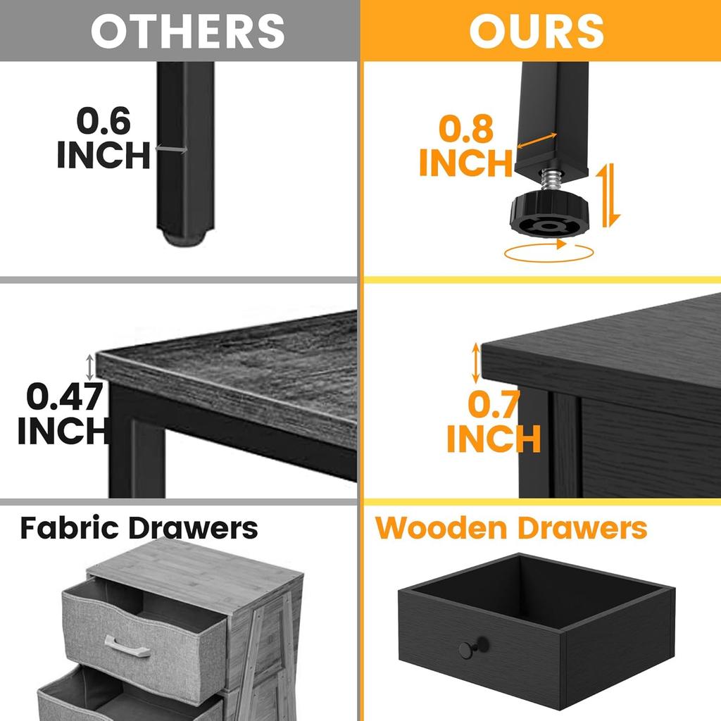 Set of 2 Nightstands with Drawers and Shelf, Black Wood Metal Bedside Tables, Easy Assembly, for Bedroom Living Room