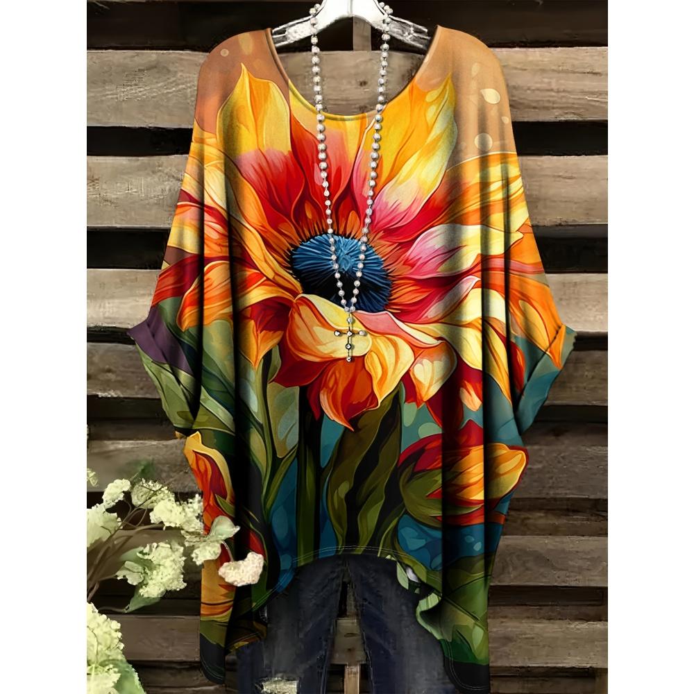 Damen Sommer Böhmisches T-Shirt mit Blumendruck Vintage Helllila Y2k Grafik Rundhals Kleidung Elegant Frau Kurzarm Top