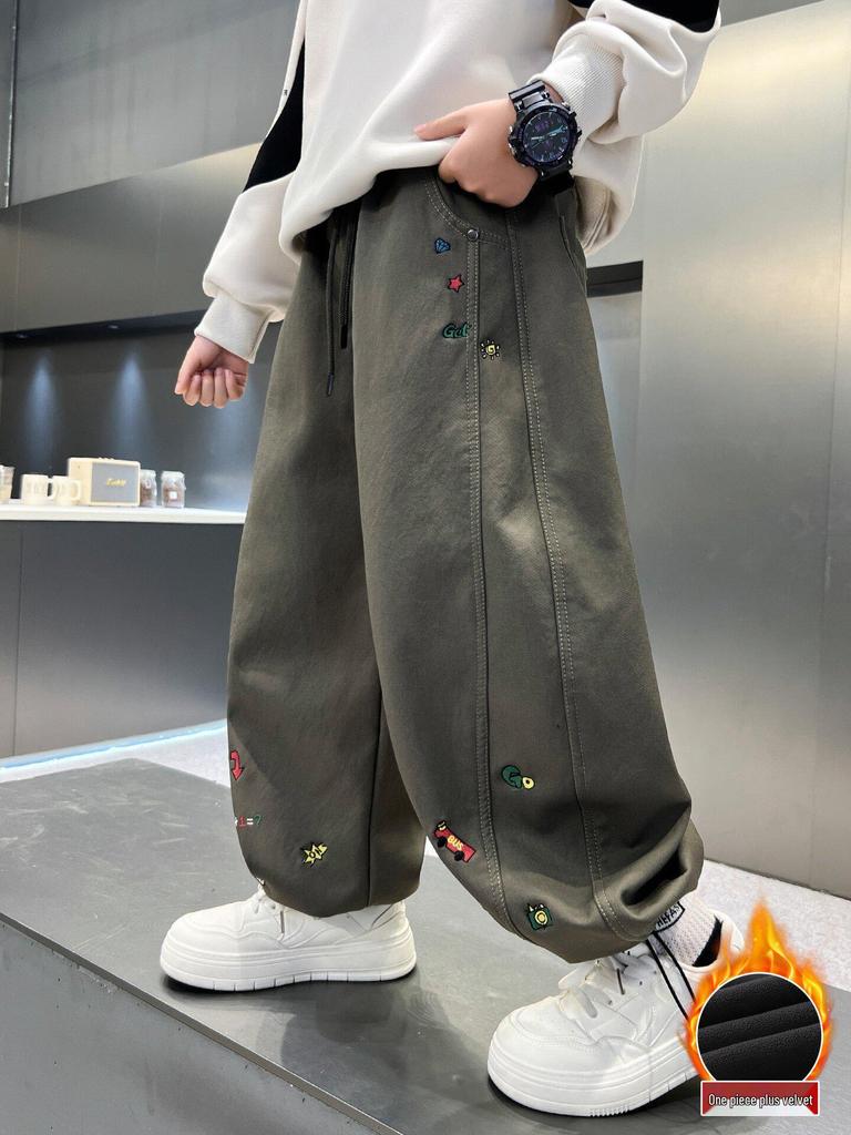 Boys' Fleece-Lined Warm Casual Pants - Thick, Versatile, Loose Fit for Autumn & Winter