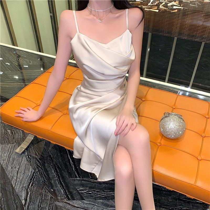 High-end Thin Pleated Acetic Acid Satin Suspender Long Dress Temperament Waist Thin Split Long Dress Dress Summer
