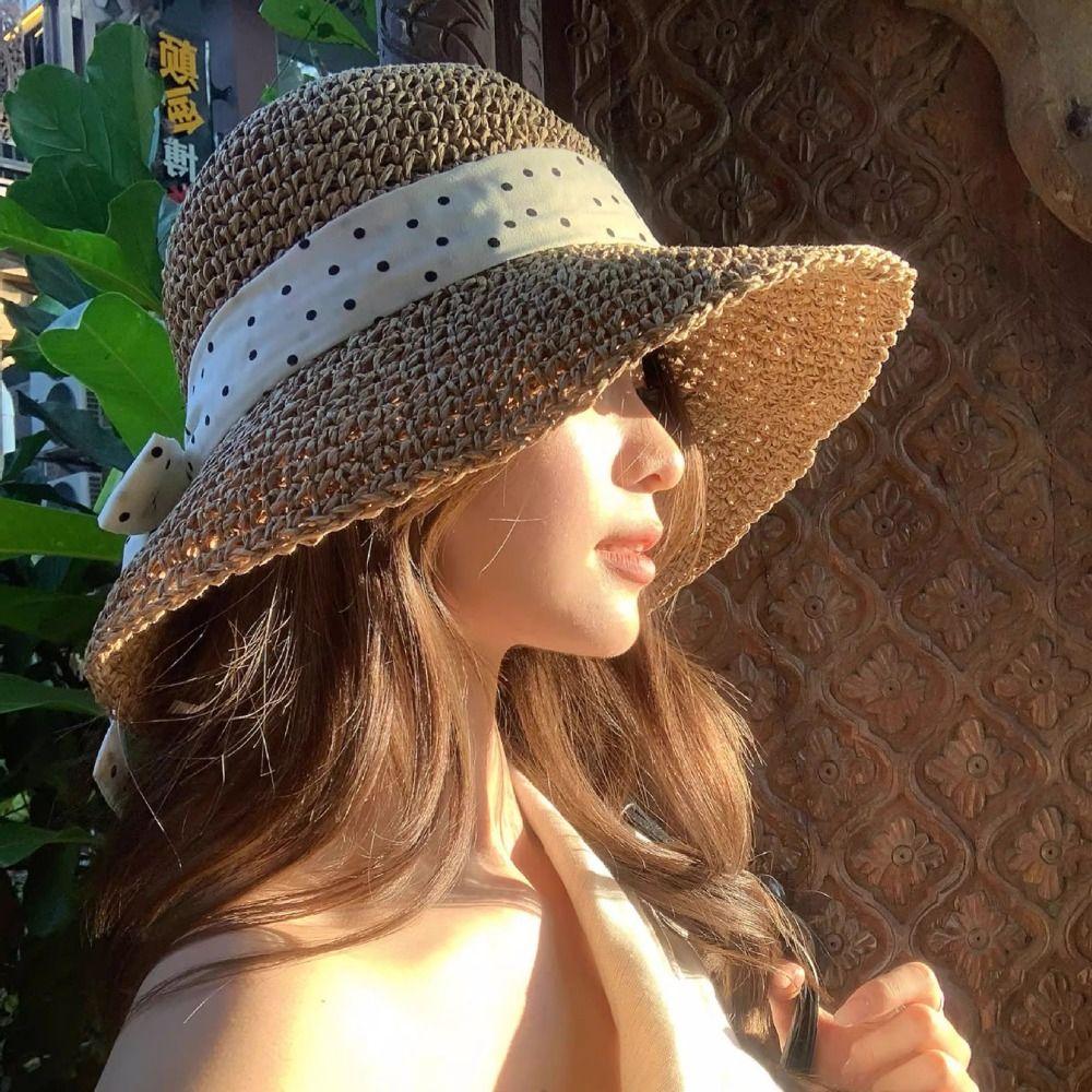 Wide Brim Straw Hat Polka Dot Sunshade Hat Fashion Sunscreen Hat  Seaside Beach