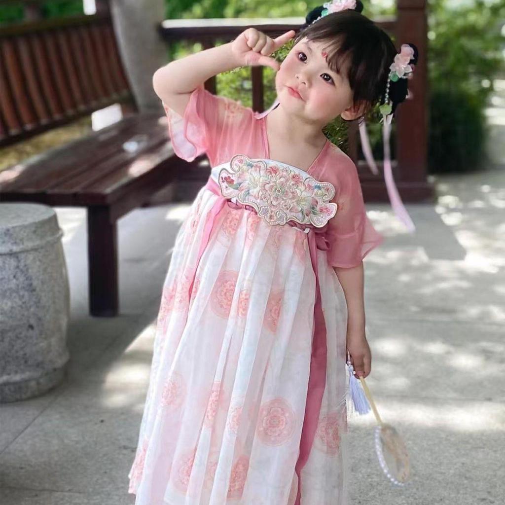 Girls' Summer 2026 Hanfu Dress: Chinese-Style Princess Skirt with Short Sleeves