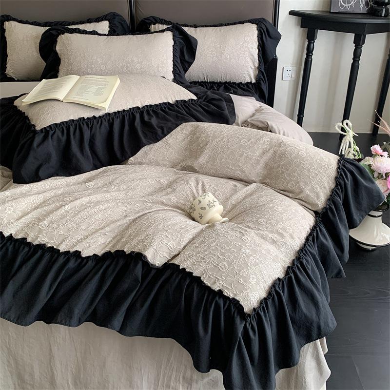 French Large Lace Bedding Set Four-piece Set Princess Style Skin-friendly and Comfortable Washed Quilt Cover Bed Sheet Pillowcase