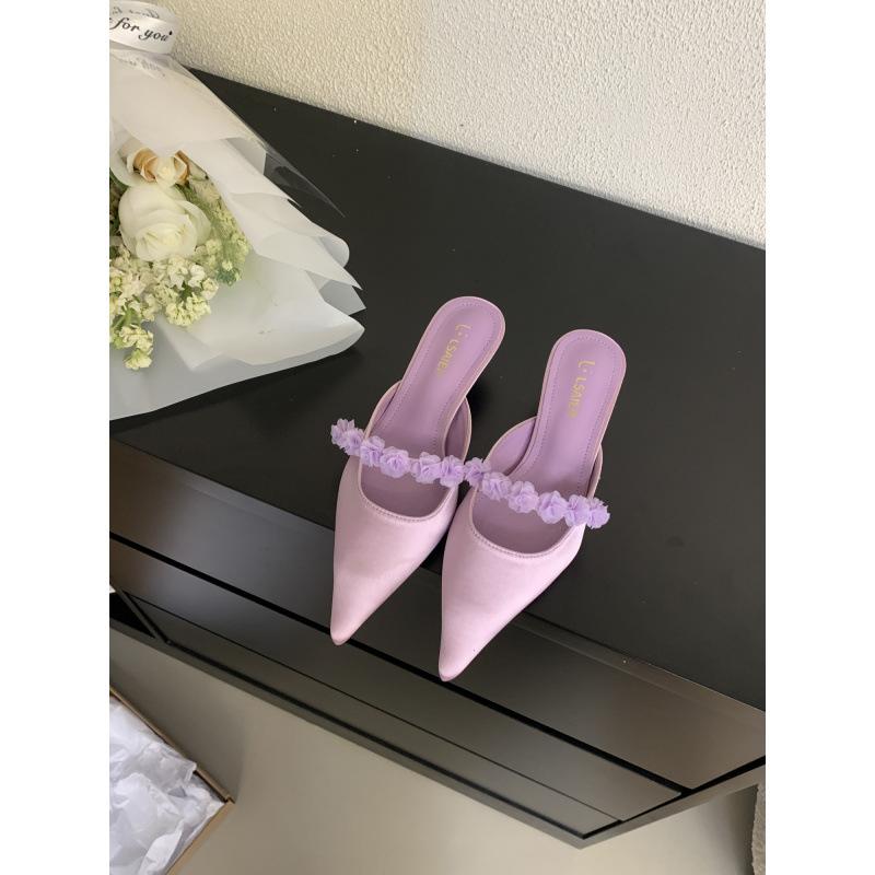

2025 summer new pointed head with flower flat-soled single shoes soft sole shallow mouth low heel thin heel bag head half drag women 39 фиолетовый