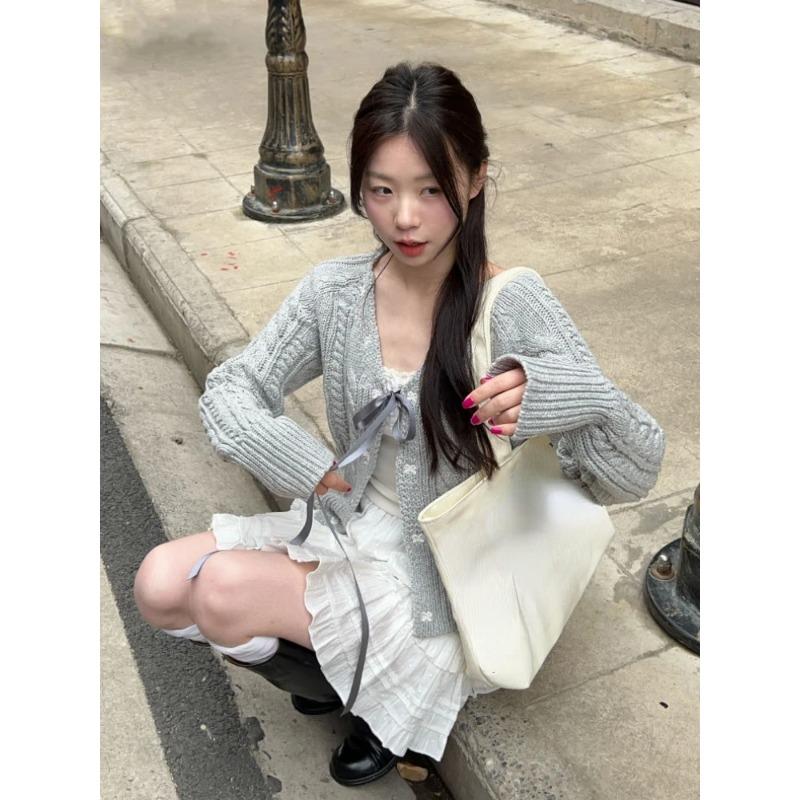 Autumn Korean Fashion Grey Cardigans Women Sweet Hot Girl Bow Bandage Coquette Knitted Sweater Mujer Casual Long Sleeve Tops New