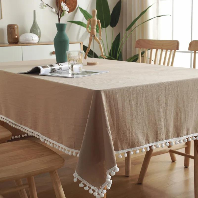 Farmhouse Solid Color Tablecloth Rectangle Cotton Fabric Pompom Tassel Table Cover For Kitchen Dinning Wedding Party Decorations