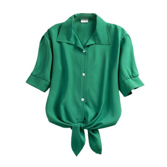 

Женская рубашка, летняя, с коротким рукавом, повседневная, с лацканами, однотонная, дышащая, женская блузка для офиса и путешествий XXL зелёный