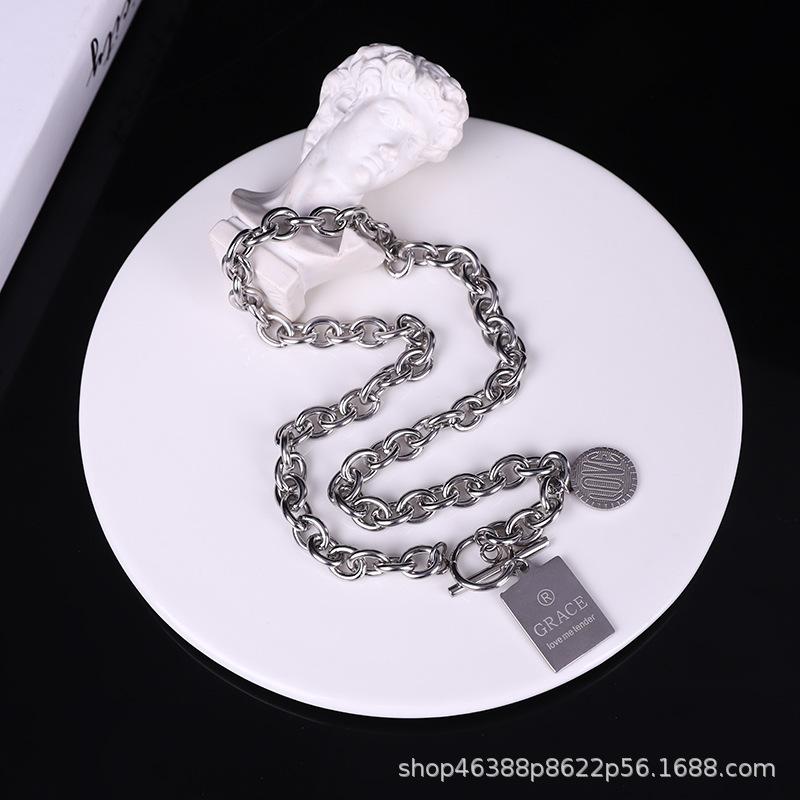 Trend Titanium Steel Square Letter Necklace Clavicle Chain Accessories Men's Long Sweater Accessories Hip Hop Ins Jewelry