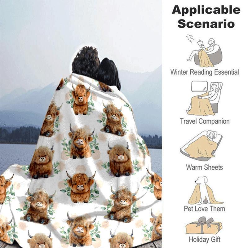 1pc Highland Cow Printing Lightweight Flannel Blanket, Comfortable and Warm Blanket, for Camping Sofa Bed and Couch Office, in All Seasons