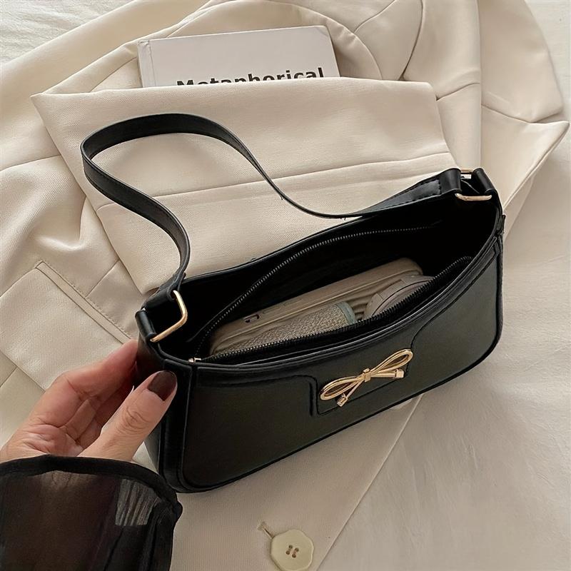 Schicke Schwarze Halbmond-Schultertasche für Damen Elegante Unterarmtasche mit Goldener Te-Schleife Stilvolle PU-Tragetasche mit Polyesterfutter
