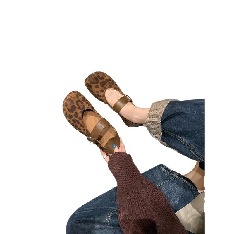 Sheepskin version of grape ma The same style can be stepped on with one word heel with leopard print inner height increase single shoes women's flat 