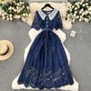 French Dress Female 2024 New Arrival Sweet Contrast-Color Doll Collar Breasted Silm Mid Length Long Length Lace Formal Dress