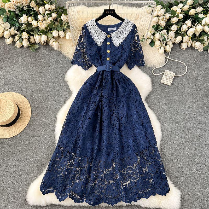 French Dress Female 2024 New Arrival Sweet Contrast-Color Doll Collar Breasted Silm Mid Length Long Length Lace Formal Dress
