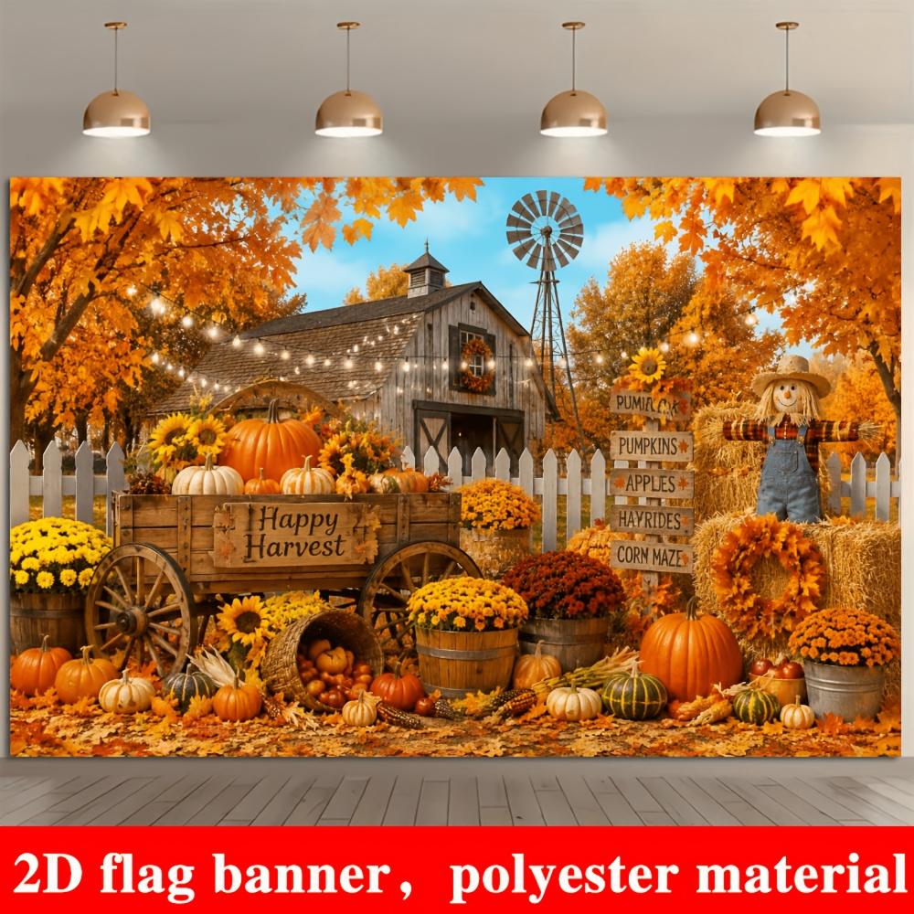 2D planar flag with a autumn harvest theme background featuring pumpkins sunflowers and scarecrowszyc