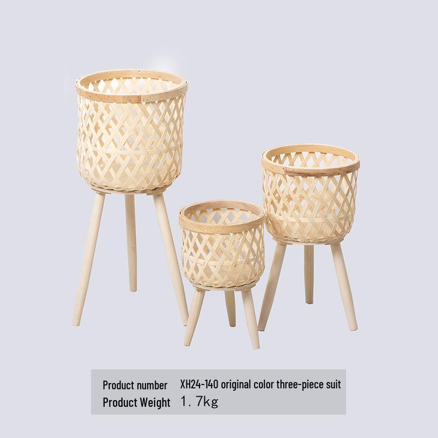Nordic Rattan Woven Plant Stand - Handmade High-Leg Wooden Flower Pot for Indoor/ Balcony/ Living Room.