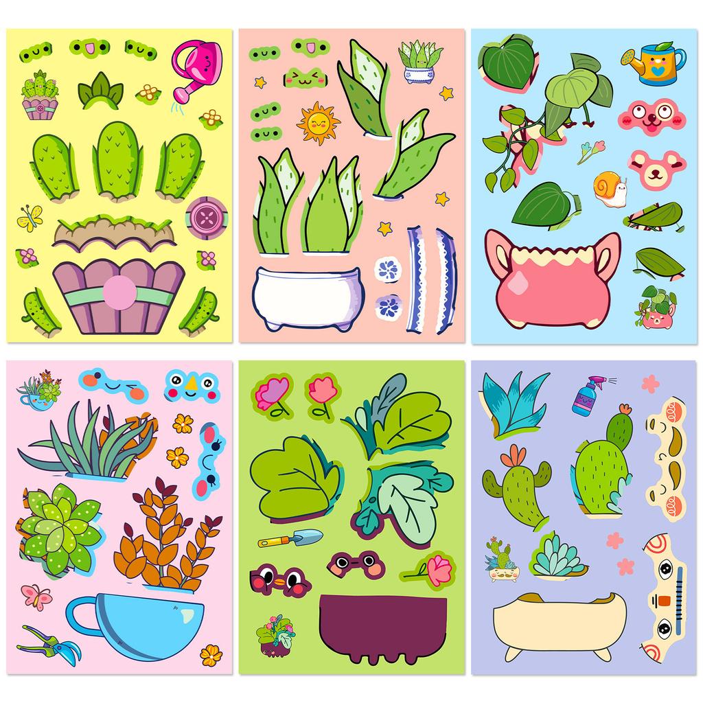 6 Sheets/Pack Potted Plants Bouquet Puzzle Stickers Children'S Educational Diy Toys Gifts Creative Graffiti Stickers