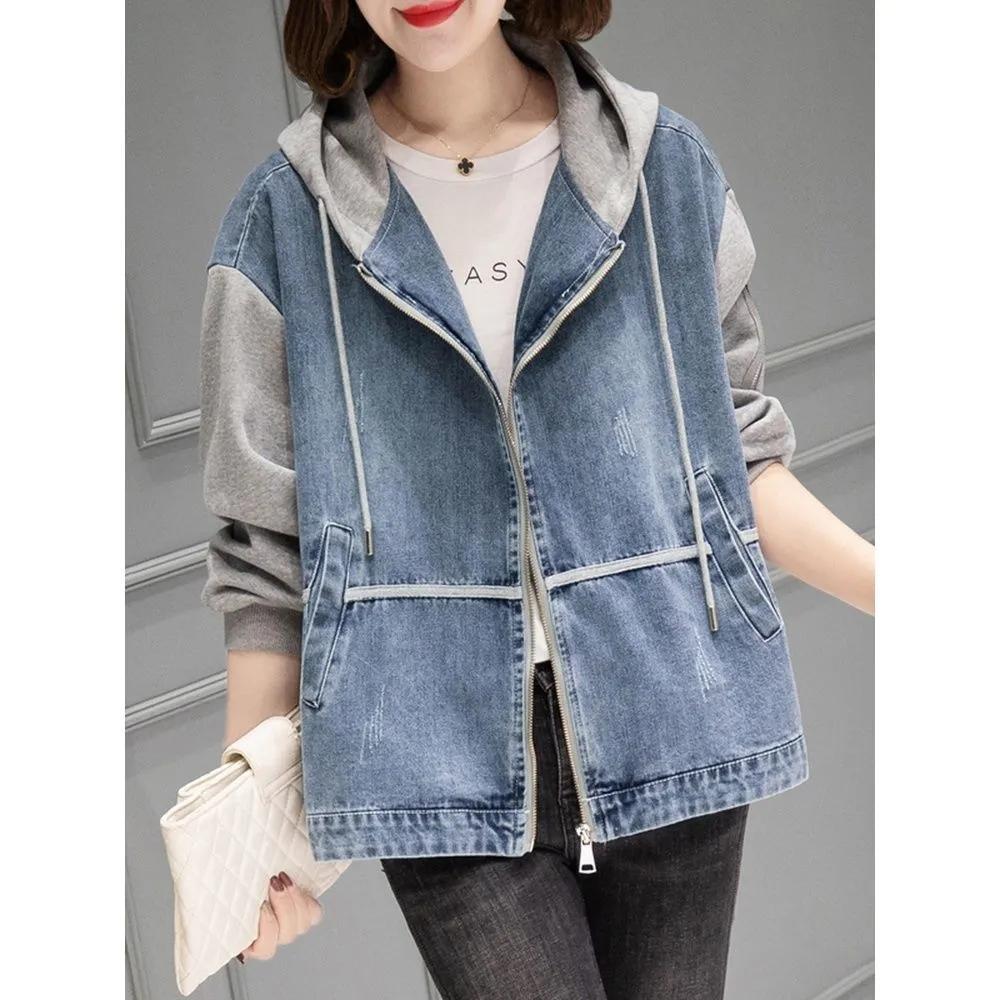

Женская джинсовая куртка с капюшоном, весенняя свободная куртка большого размера, осеннее повседневное джинсовое пальто одного цвета 2XL синий