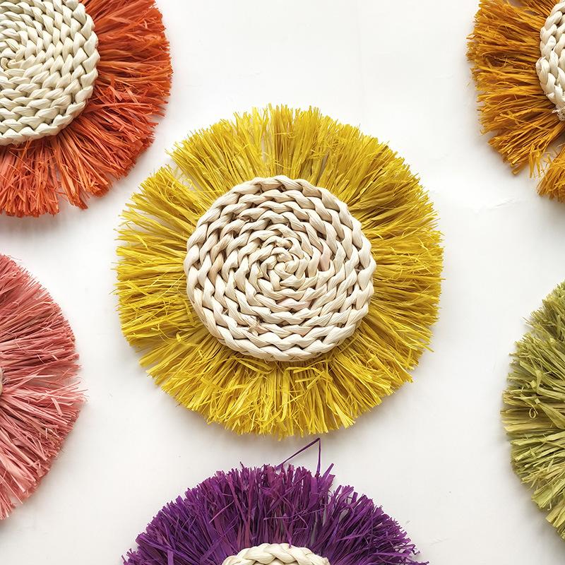 Handmade Boho Wall Decor Moroccan Style Woven Rattan Hanging Art for Living Room Bedroom Natural Grass Weaving Home Decoration