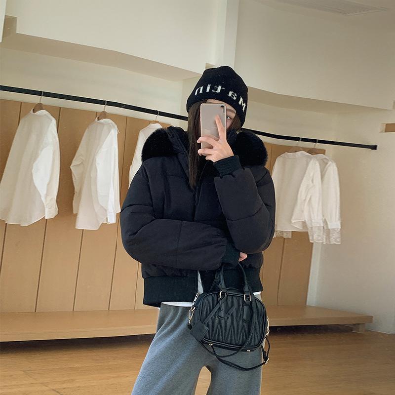 Autumn and Winter Hooded Fur Collar Women's Casual Cotton Jacket, Thick and Warm Short Bread Jacket