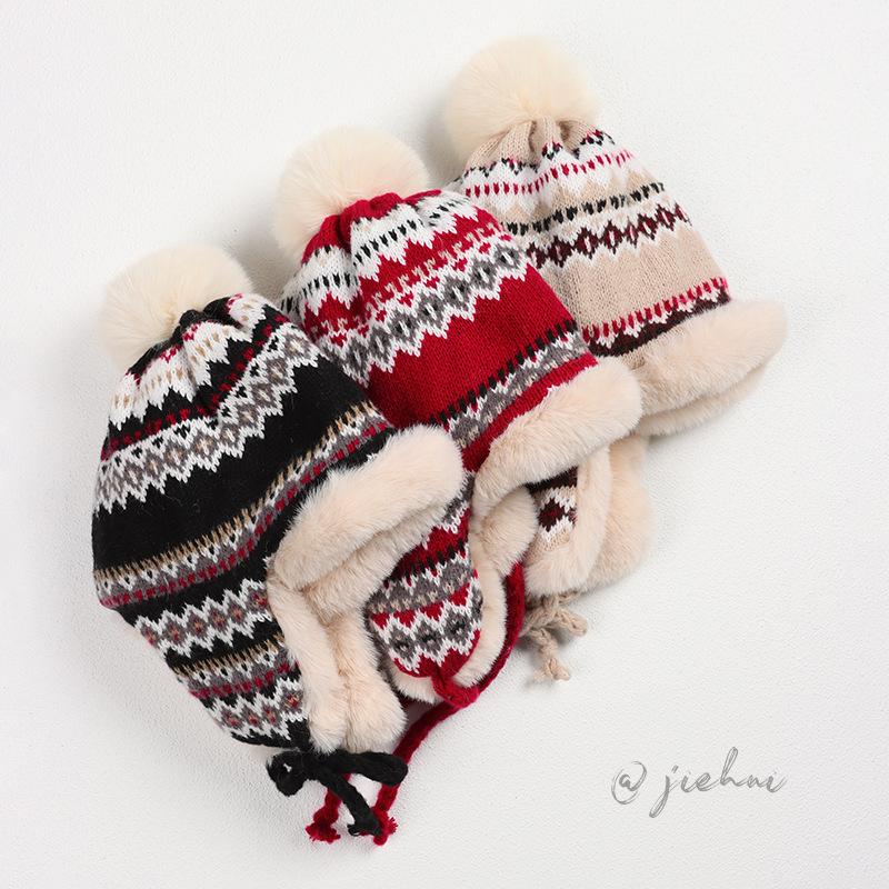 Fair Island Wind Knitted Hat Thickened Northeast Windproof and Cold-proof Thunder Front Hat Winter Thickened Warm Ear Protection Jacquard Hat