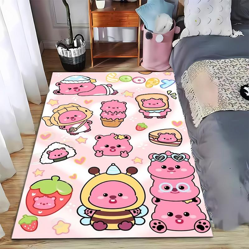 Cute Pink Cartoon Bear Pattern Carpet with Fruits and Dessert Style Suitable for use as an anti-slip for living room bedroom sofas