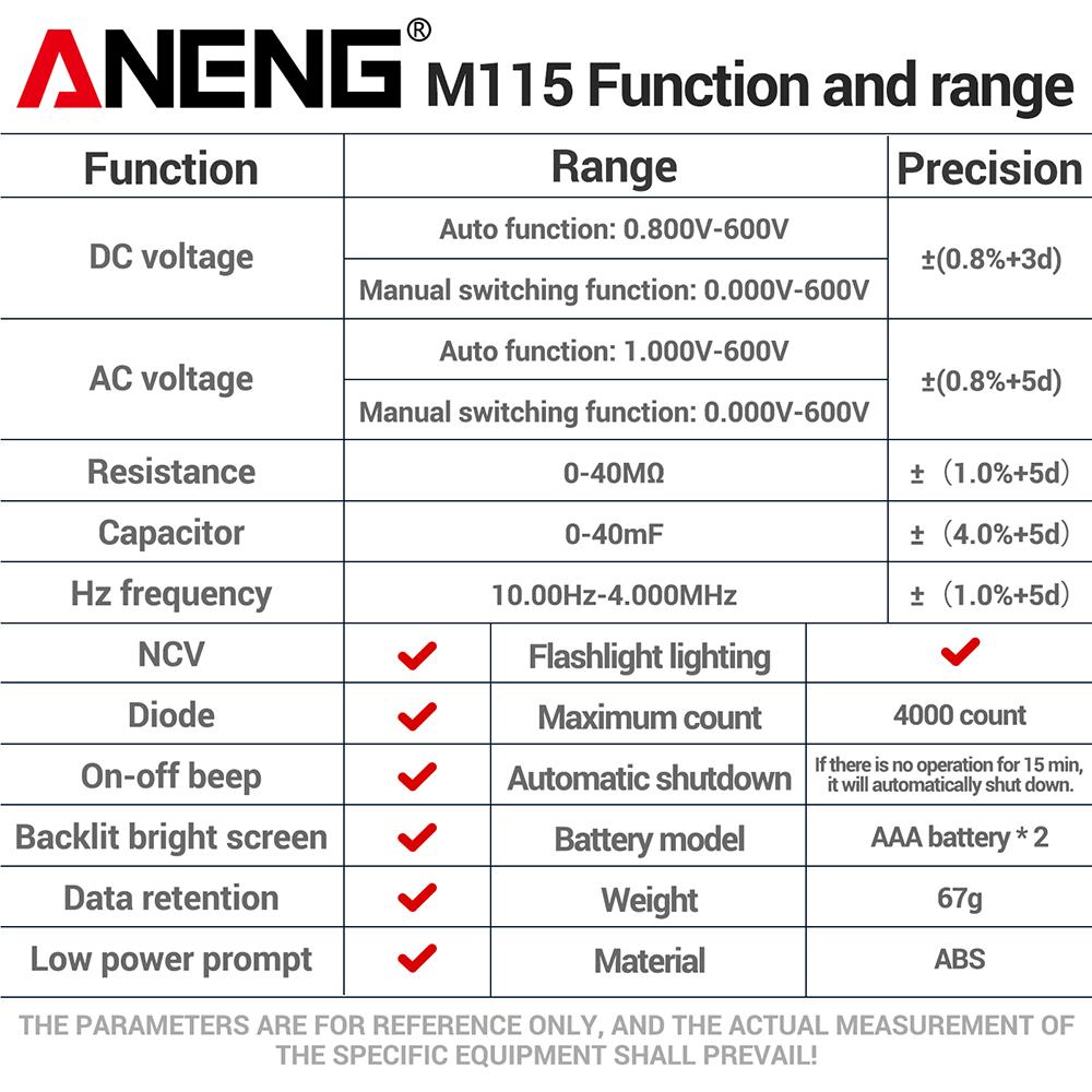 ANENG M115 Mini Digital Multifunctional Detector Electrician Tester Tool Multimeter Diode Professional DC/AC Voltage NCV Sensing