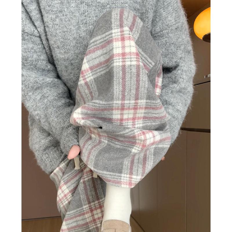

Women s Gray-Pink Plaid High-Waisted Fleece-Lined Wool Blend Wide-Leg Pants for Fall-Winter 2025 XL [125-140 lbs]