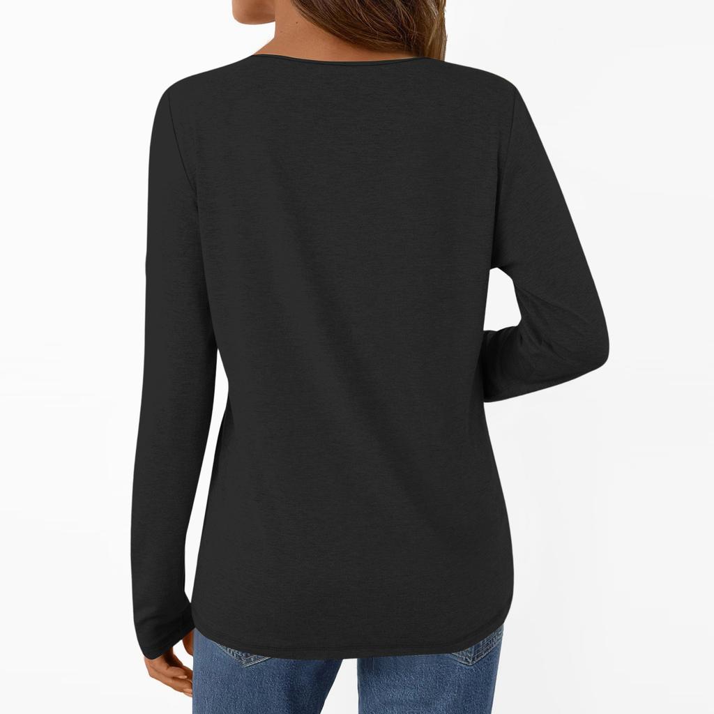 Women's Casual Fashion Brushed Solid Color Long-sleeved V-neck Top T-shirt