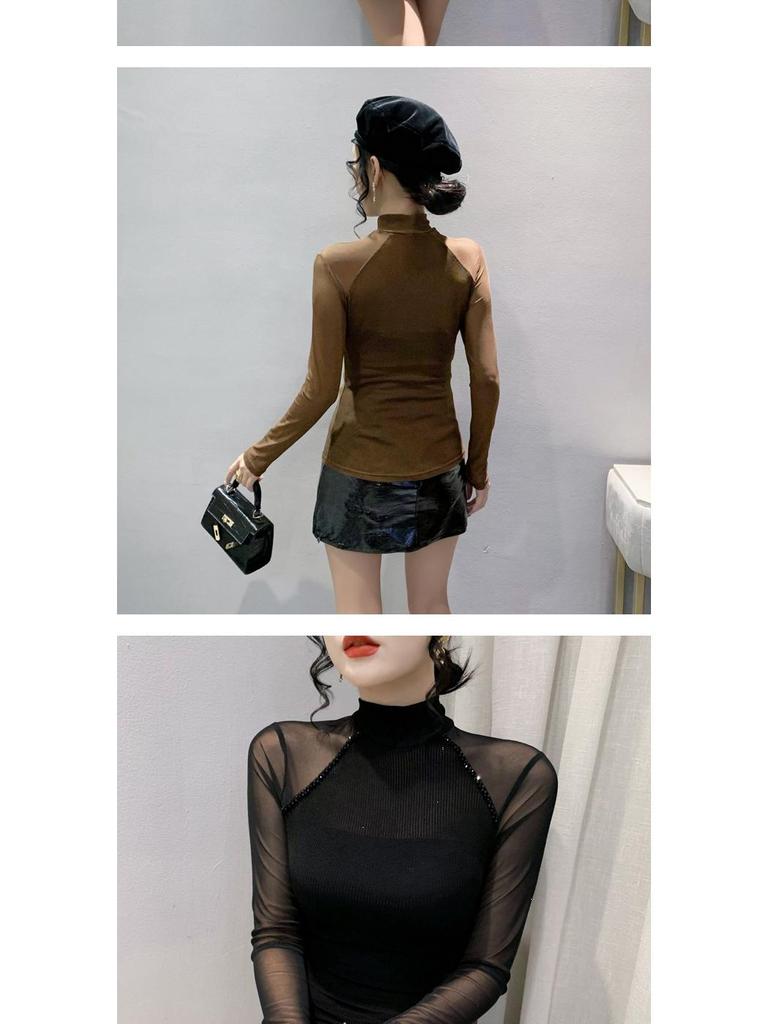 European Autumn 2025 Slim-Fit Beaded Mesh Patchwork Long Sleeve Women's T-Shirt