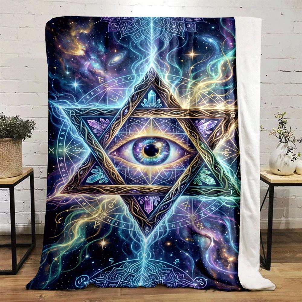 A glowing eye within an intricate star, surrounded by mystical patterns. for all seasons blanket lunch break throw gift