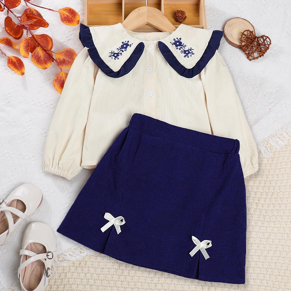Autumn Fashion 3-7Years Girls Solid Flower Embroidered Polo Shirt+Bow Decoration Short Skirt 2 Pcs Set Kids Casual Clothes 3T