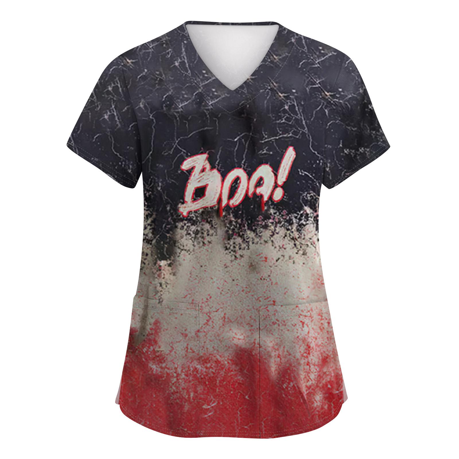 

Женские модные топы с коротким рукавом, принтом на Хэллоуин, V-образным вырезом, карманом, рабочая одежда XXXXXL винный