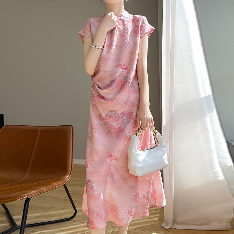 Retro New Chinese Style Silk Cotton Dress for Women with High-end Standing Collar Button Chinese Style Printed Mid-length Base Long Skirt