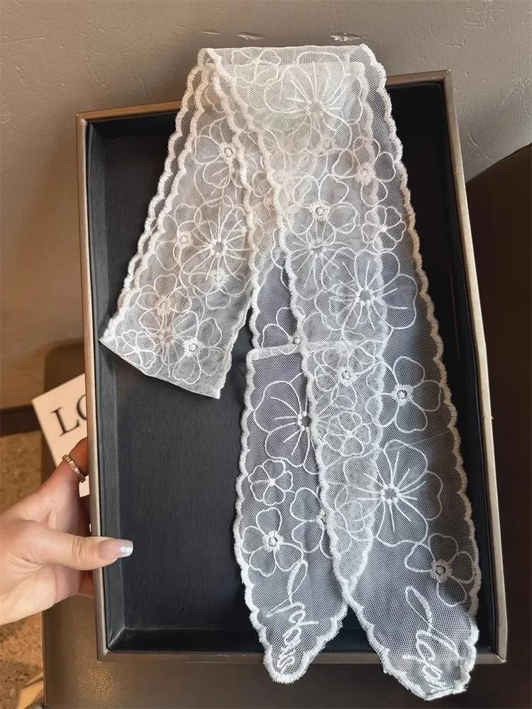 Vintage White Lace Hair Scarf Summer Sweet Bow Headband Elegant Ribbon Scarfs for Women Hairbands 130cm Long Narrow Neckscarf