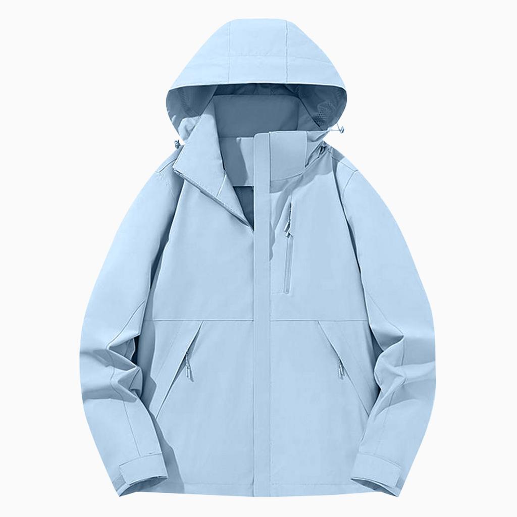 Women Solid Stripe Rain Jacket Outdoor Plus Waterproof Hooded Raincoat Windproof