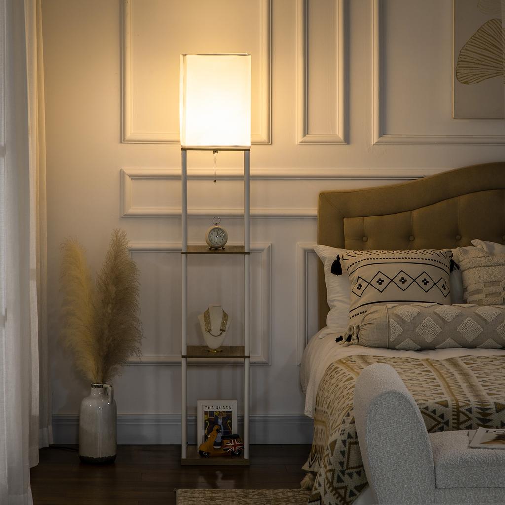 Modern Metal Floor Lamp with Shelves, 3 Layer Shelf Tall Standing Lamp with Fabric Lampshade, Pull Chain Switch for Living Room, Bedroom