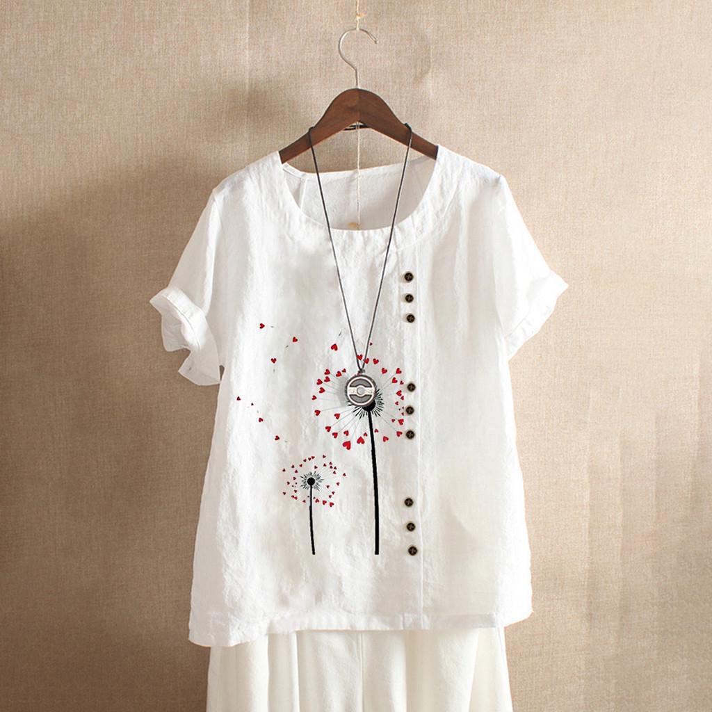 Women Buttons  Short Sleeve Floral Print Buttons Cotton Linen Vintage Top