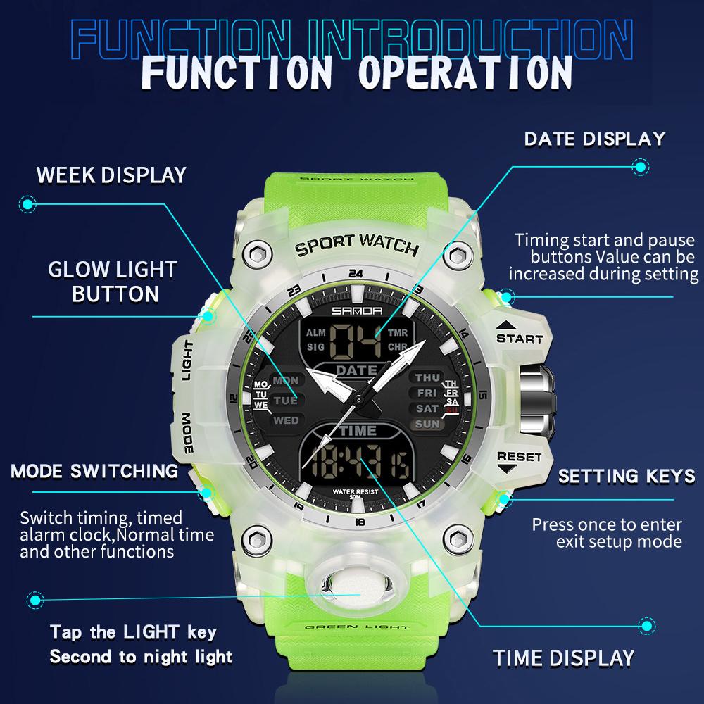 SANDA Sports Military Men's Watches Luxury Dual Display Watch 50M Waterproof Quartz Wristwatch for Male