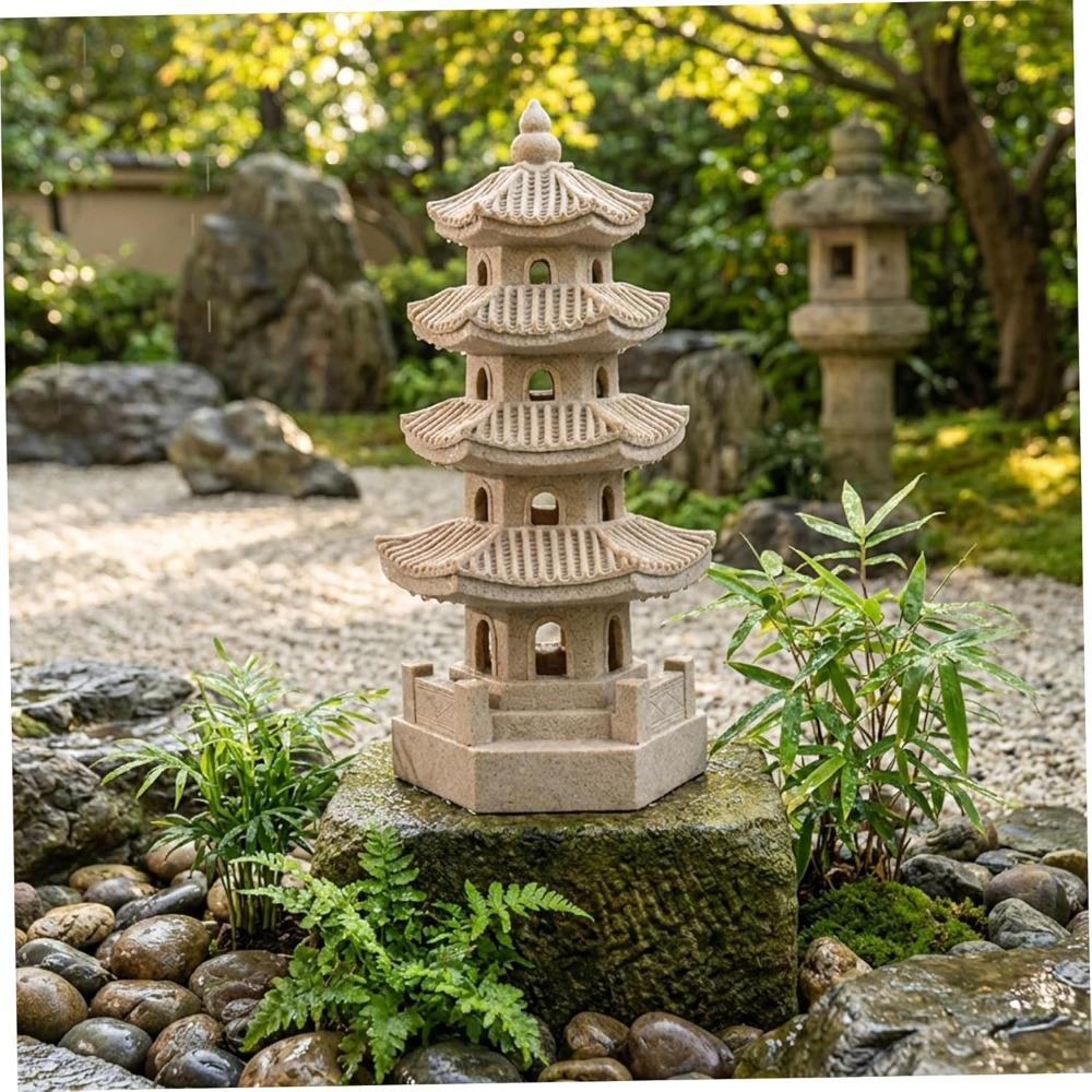 Pagoden Gartenstatue Solarbetriebene Pagodenlaterne Harz Außen Zen Japanische Gartendekoration für Balkon, Terrasse, Veranda, Hof 11,4x4,7x4,7 Zoll Khaki