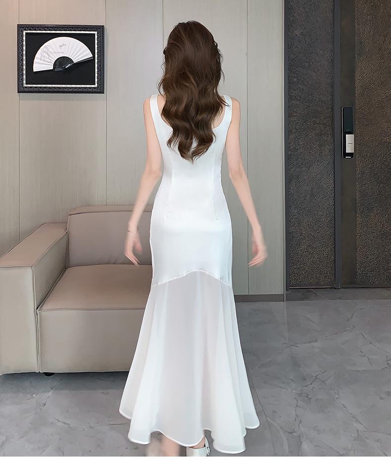 Women's White Satin Fishtail Summer Dress with Collar