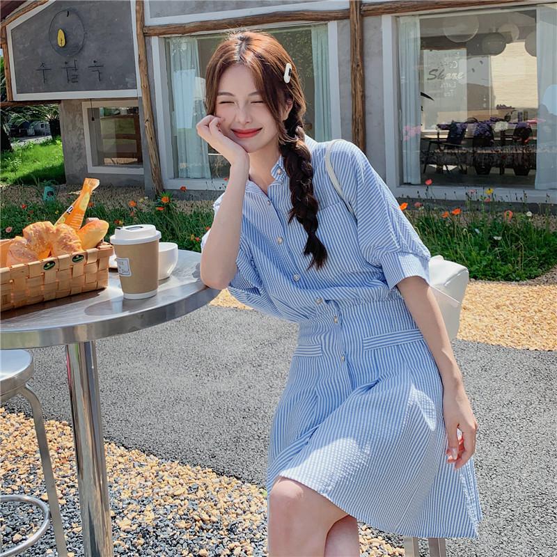 Women's Summer Blue Striped Shirt Dress: Korean-Style Two-Piece Look
