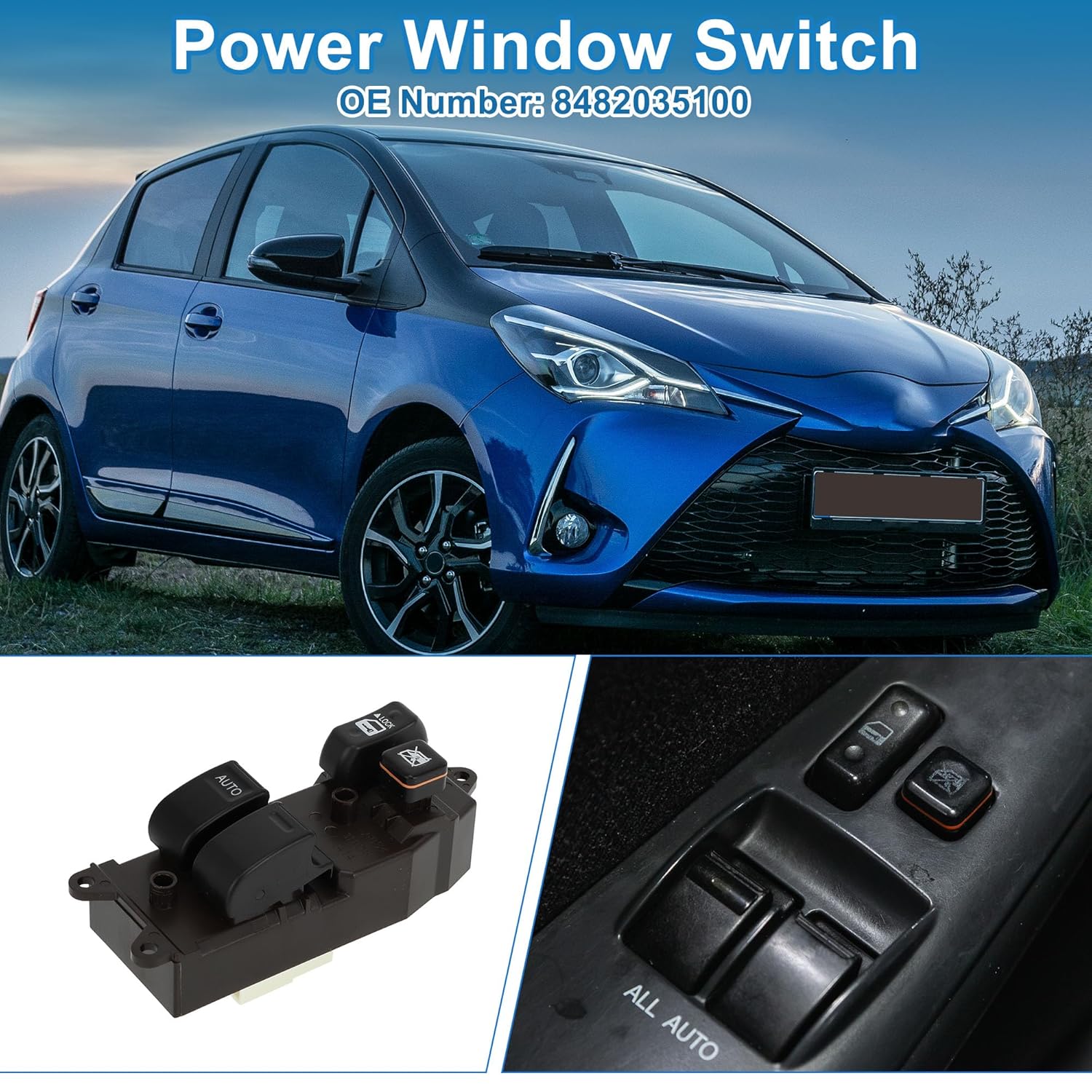 Power Window Switch No.8482035100 Front Left Driver Side Window Control Switch for Toyota Yaris Hiace 1999-2005 Black