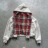 Sudadera Gris con Capucha y Cremallera con Forro de Camisa a Cuadros Aspecto en Capas