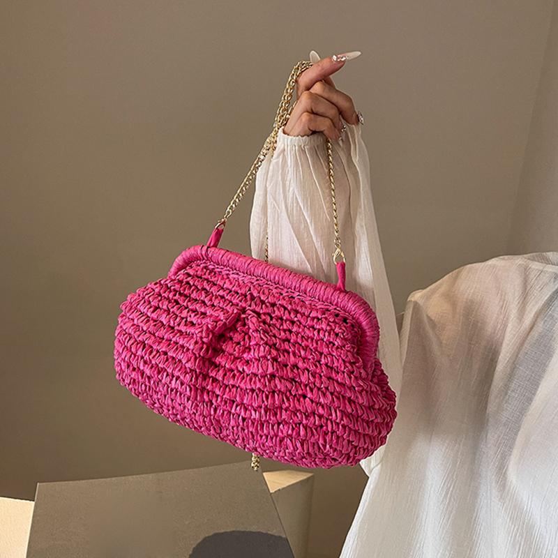 Summer Beach Fashion Hollow Out Women Clip Woven Shoulder Bag Straw Weave Chain Casual Crossbody Bags